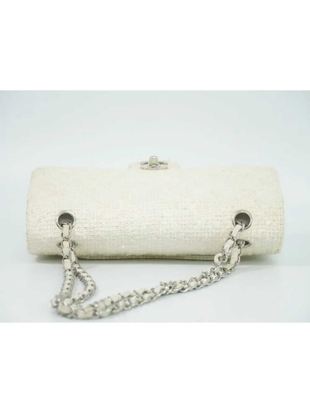 Chanel CC Logo Quilted 25 Double Flap Chain Shoulder Bag Tweed White